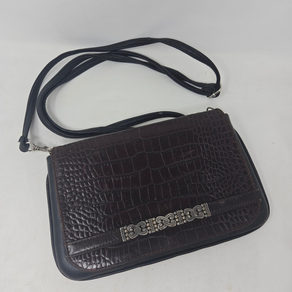Brighton Black Leather Croc Embossed Brown‎ Flap Crossbody Organizer Bag